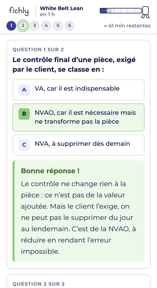 Écran d’une question corrigée : la bonne réponse est surlignée en vert, avec l’explication juste en dessous.