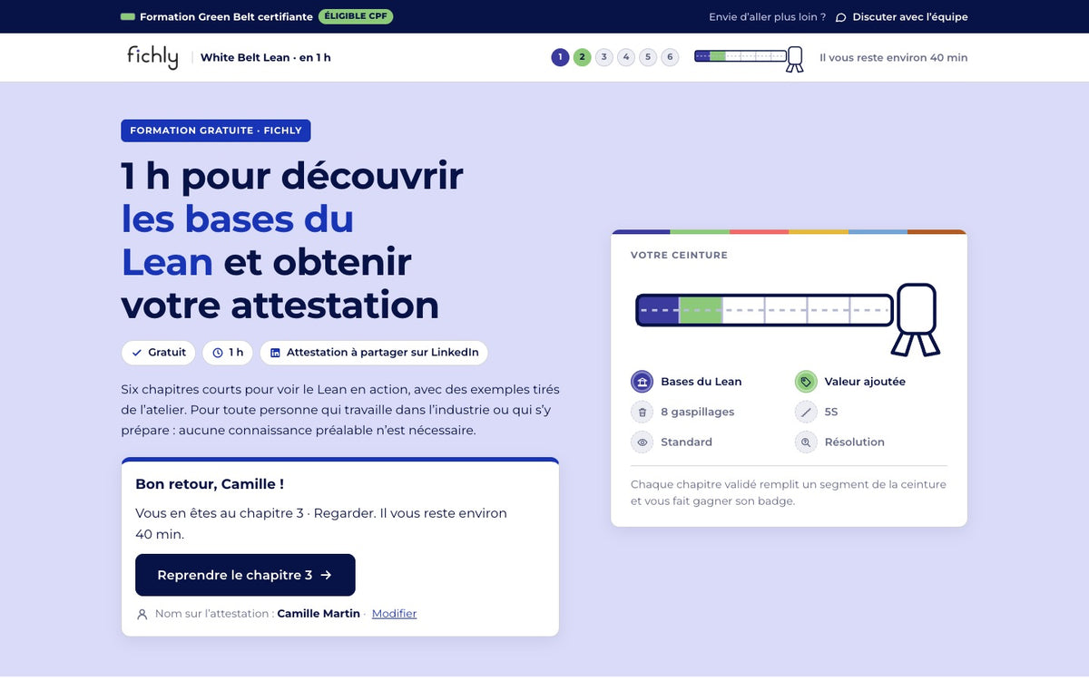 Accueil de la formation : la ceinture qui se remplit chapitre après chapitre, les 6 badges à gagner et le bouton pour reprendre où l’on en était.