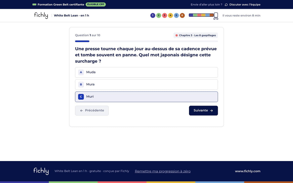 Test final : une question sur 10, avec la réponse sélectionnée.