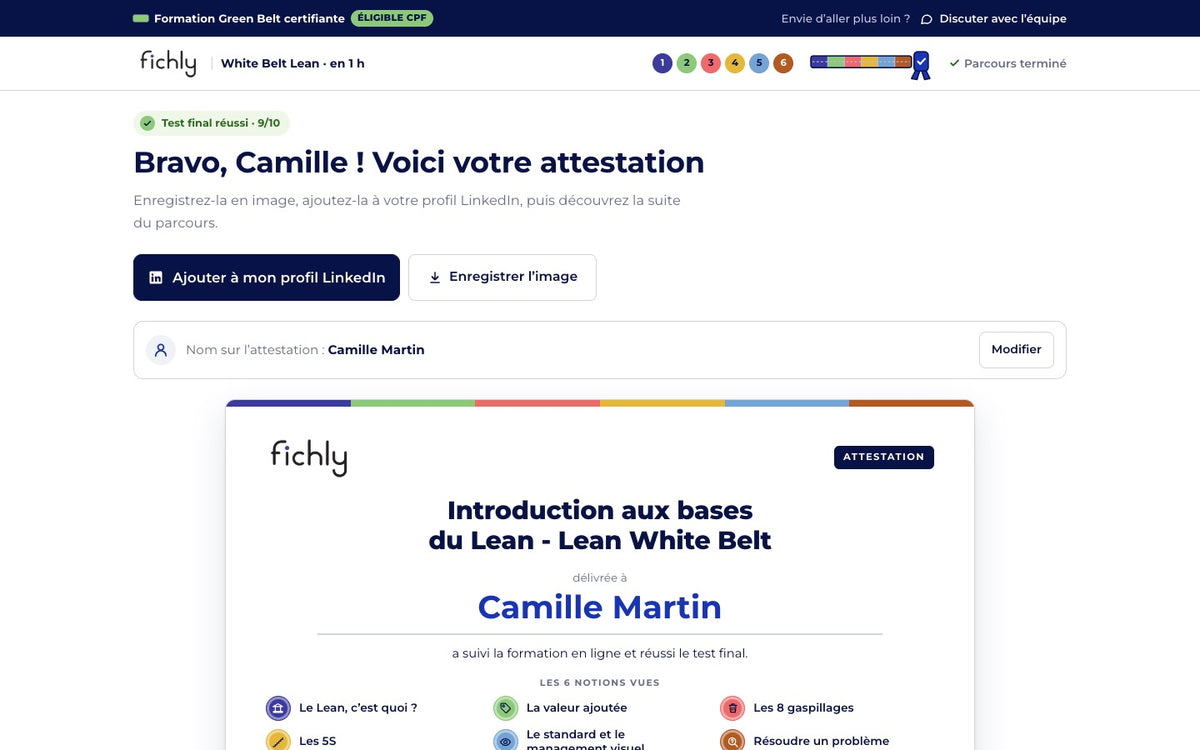 Écran de l’attestation : test réussi, boutons pour l’ajouter à LinkedIn et l’enregistrer en image.